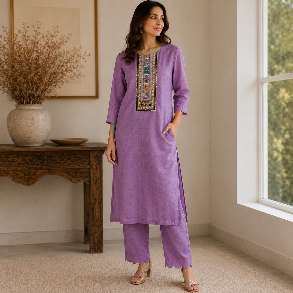 Purple Embroidered Kurta Set 38 Scalloped Hem Tunic and Pants Purple Slub Silk